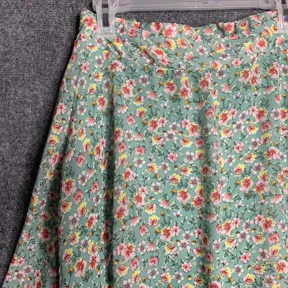 Poof Floral Mini Skater’s Skirt Women M Green Pink Lined Chiffon Pull On - Picture 2 of 9